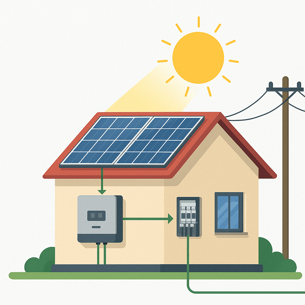 Funcionamiento de una instalación solar fotovoltaica de autoconsumo Esquema del funcionamiento de una instalación solar fotovoltaica: placas, inversor, cuadro eléctrico, consumo de la vivienda y vertido de excedentes a la red
